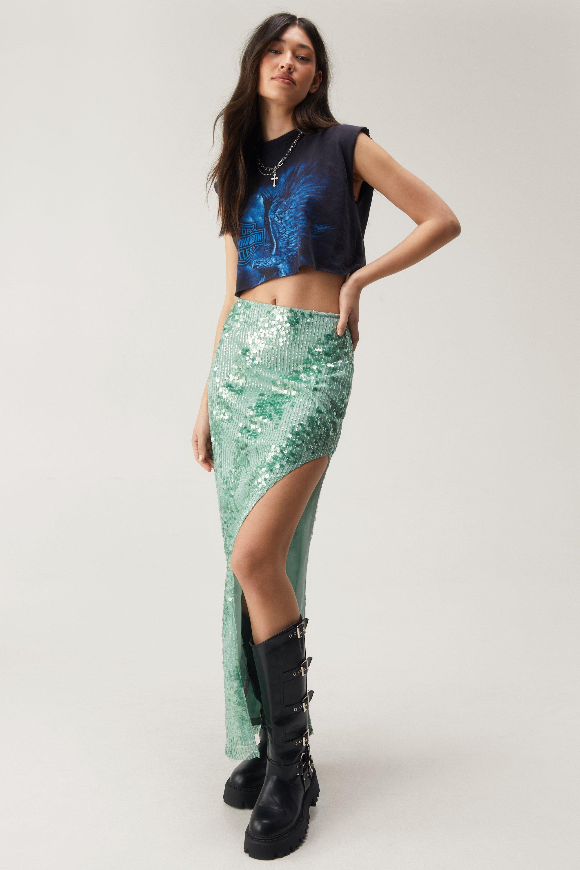 Sequin High Side Split Maxi Skirt
